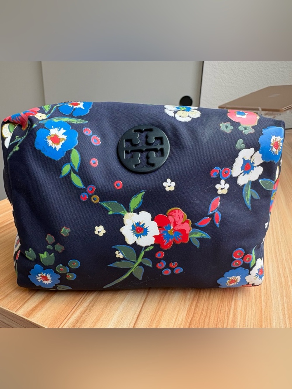 Tory Burch Navy Floral Zip Cosmetic Case